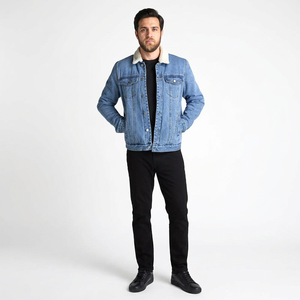 Stand Collar Full Sleeves <b>Men</b> <b>Denim</b> <b>Jacket</b> Solid Color Windproof Vintage Style Custom Private Label Front Logo - Product Image 1