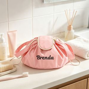 Custom Name Embroidered Lay Flat <b>Drawstring</b> <b>Makeup</b> <b>Bag</b> Large Capacity Foldable Travel Cosmetic Organizer 28x14cm - Product Image 3