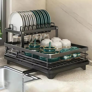 Égouttoir à vaisselle réglable avec plateau de drainage pour assiettes et rangement de couverts, à poser sur l'évier ou sur le comptoir de cuisine - Product Image 1