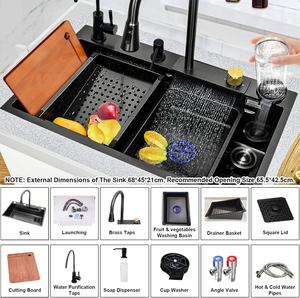 Harga Pabrik Warna Hitam 304 Stainless Steel Perlengkapan Dapur Waterfall Cup Washer Smart Kitchen Sink untuk Rumah - Product Image 6