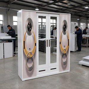 Armoire en acier avec portes coulissantes imprimées, double miroir et tiroirs pour le rangement de vêtements et l'organisation de la maison dans une chambre moderne - Product Image 1