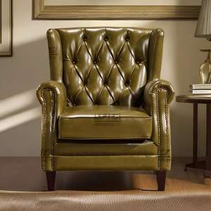 Luxo Leisure Antique Poltrona <span class=keywords><strong>Chesterfield</strong></span> Vintage Tan Couro Botões Tufted <span class=keywords><strong>Wingback</strong></span> Cadeira para Cigar Lounge - Product Image 5
