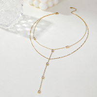 Collier Lariat Géométrique Tendance Résistant à l'Eau avec Zircons Cubiques, Double Couche, en Acier Inoxydable Délicat Plaqué Or 18K PVD, Bijou de Mode