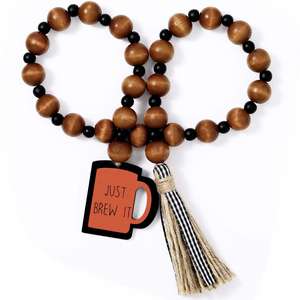 Guirnalda de cuentas de madera rústica hecha a mano al por mayor con borlas y logotipo personalizado para cafetería y decoraciones del hogar - Product Image 5