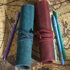Handmade Crazy Horse Leather Pencil Case Roll-Up Pen Holder Pouch Storage Fashionable Style Scissors Sheath Brush Cover - Product Image 2