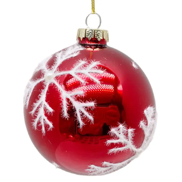 Modern classic design 8cm red glass Christmas ball painted with snowflakes