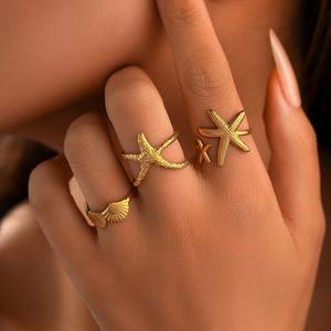Anillo de Acero Inoxidable Galvanizado con Diseño Exagerado de Conchas Marinas y Estrellas de Mar, Estilo Europeo Americano, para Fiestas y Vacaciones, para Mujer - Product Image 3