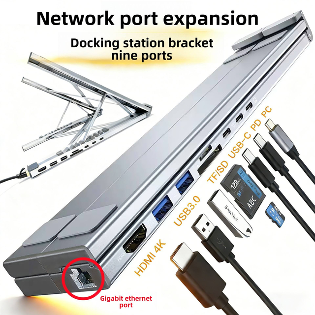 Foldable Docking Station with RJ45 1000Mbps PD 100W HD 4K USB3.0 Multifunction 9 in 1 Laptop Docking Station Stand