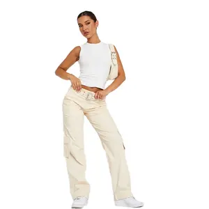 KY Wholesale Cotton Pants for Women with Low Rise Pants and Silver Belt Buckle Pocket Design on Legs