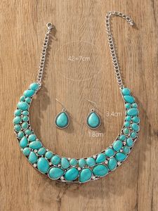 Ensemble collier et boucles d'oreilles en acier inoxydable et pierre turquoise, style bohème occidental ethnique vintage indien, nouvelle collection 2025, vente en gros - Product Image 4