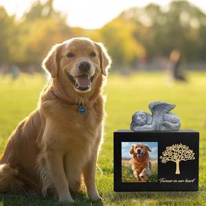 جرار خشبية سوداء للحيوانات الأليفة بنمط شجرة مع إطار للصور، جرار للكلاب لحفظ الرماد - Product Image 6