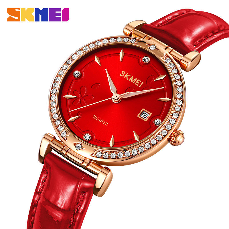 Skmei 2169 elegante reloj de cuarzo para mujer precio bajo banda de cuero  genuino resistente al agua pantalla de fecha reloj de pulsera de ocio Simple