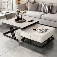 Table basse multifonctionnelle carrée extensible en métal noir et verre, style moderne et luxueux pour salon, avec tiroir de rangement en bois