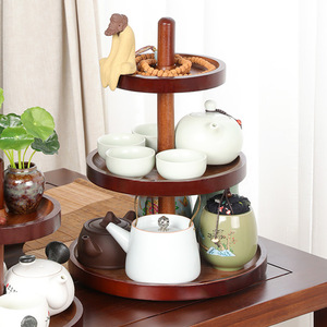 Triple Layer Wooden Tray Round Rotating Tea Set Display Rack For Afternoon Tea Dining <b>Table</b> Traditional New Chinese Style - Product Image 3