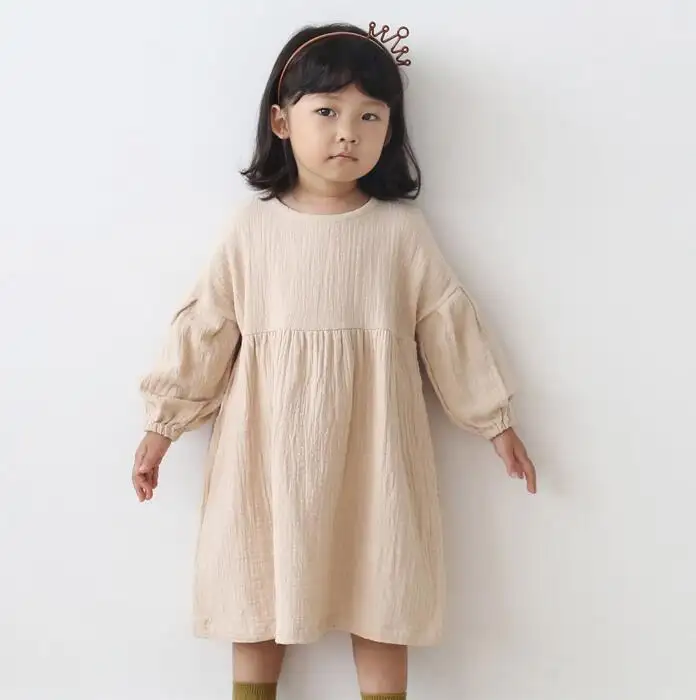 Version coréenne de la sélection décontractée lin couleur pure bébé filles jupe longue lanterne robe à manches longues sans taille