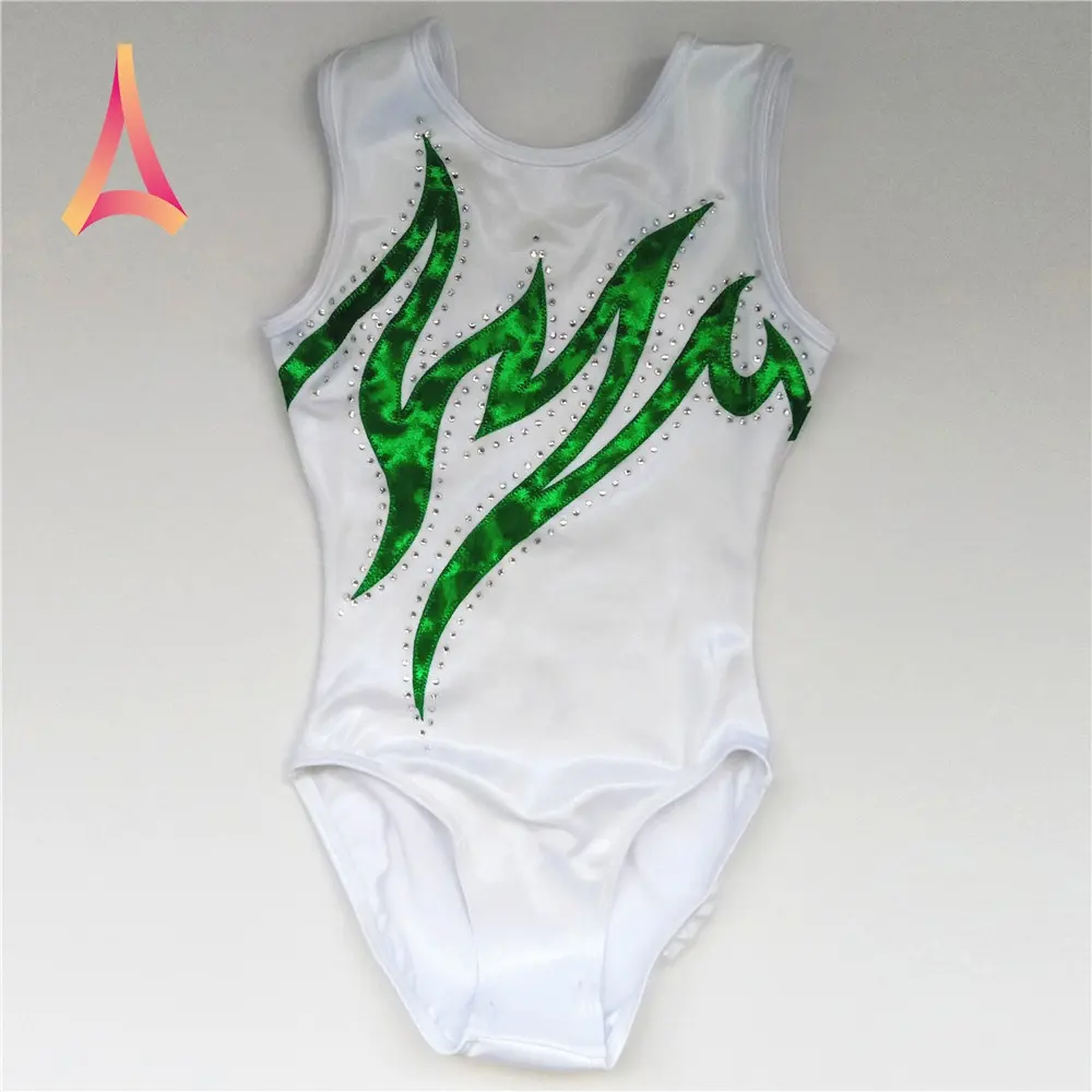 High Quality OEM Pearl White Mystique Shiny Rhinestone Girls Gym Wear Leotards Gymnastics Sleeveless