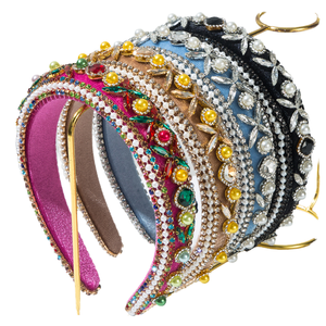 Diadema de terciopelo ancha con perlas de lujo y pedrería, banda para el cabello con cuentas de cristal de colores, accesorios llamativos para el cabello de mujer al por mayor - Product Image 1