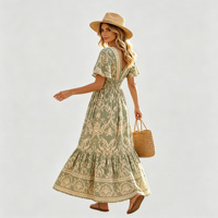 Robe longue bohème vintage imprimée, col en V profond, manches courtes, viscose douce, fluide, décontractée, pour les vacances