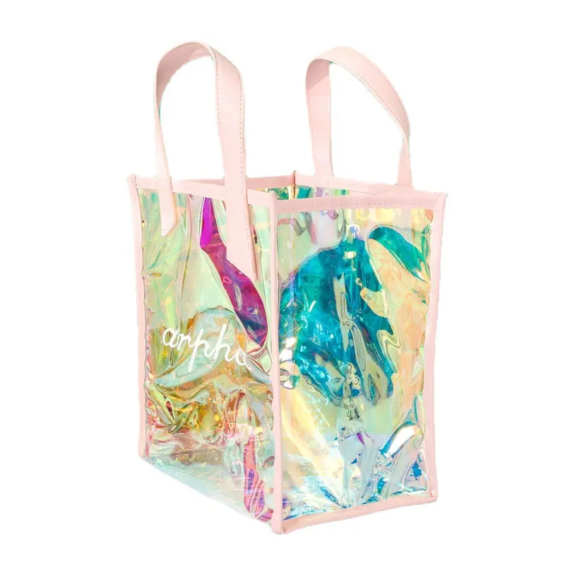 कस्टम मुद्रण स्पष्ट होलोग्राफिक उपहार ढोना बैग फैशन इंद्रधनुषी हैंडबैग लेजर रंगीन पीवीसी बैग