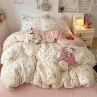 Parure de lit en polyester brodée avec housse de couette et draps, motif dessin animé, 4 pièces, pour toutes les saisons