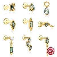 Bijou d'oreille en argent sterling 925 pour femme, motif géométrique, agate aquatique naturelle, tête plate, filetage interne 16G, pour cartilage