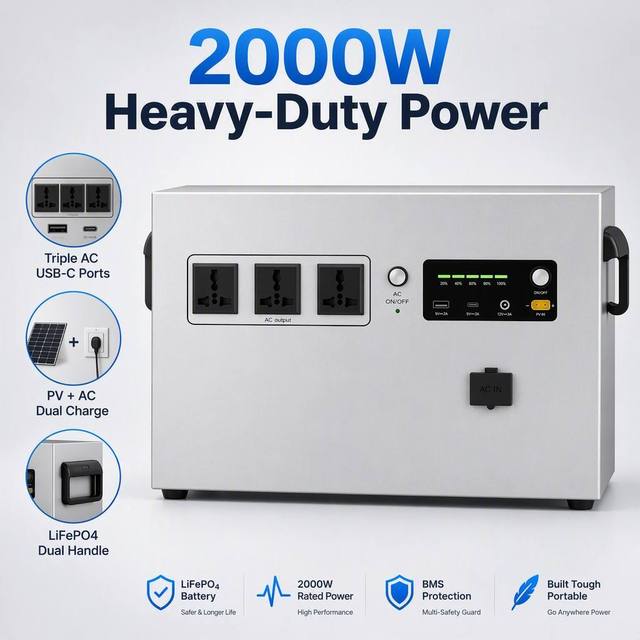 2000W Heavy Duty Portable Power Station LiFePO4 Triple AC USB-C 12V DC PV AC Charge Camping RV Industrial