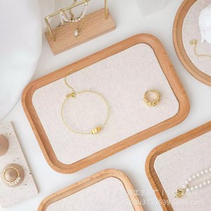 Solid Wood Jewelry Display Tray Linen Lined Rectangle Square Oval For <b>Necklace</b> <b>Ring</b> Earring Photography Props - Product Image 3