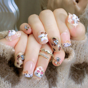 Nouvelle Arrivée Faux Ongles Courts Carrés à Couverture Complète Motif Chat Kawaii Fait Main 24 Pièces/Boîte en ABS pour Doigts Automne - Product Image 2