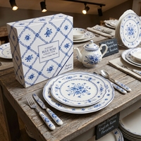 Service de vaisselle en céramique bleu et blanc à fleurs, style campagne française, avec décor vintage, assiettes en porcelaine pour mariages, banquets, hôtels et vente au détail