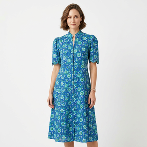 Robe d'été décontractée 100 % coton pour femme, imprimé floral artisanal, coupe midi, col en V, respirante, ample, manches courtes naturelles - Product Image 1