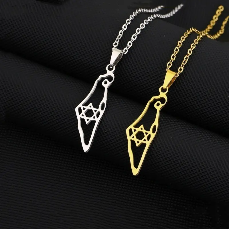 New Arrival Hollow Map Shape Necklace Star of David Jewish Jewelry Stainless Steel Israel Map Hexagram Magen Pendant Necklace