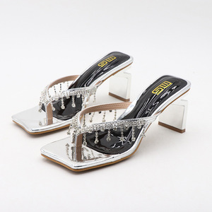 8 cm 2024 neuer stil damenschuhe strass damen quadratische zehen zehenclip chunky block sexy hohe absätze flip-flops sandalen