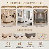 Bureau de réception en forme de L style crème avec éclairage LED intégré, comptoir avant personnalisable avec logo pour clinique, salon, institut de beauté, spa
