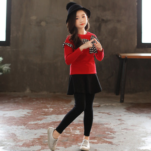 Compras en Línea India, Conjunto de Ropa para Niñas, Otoño Invierno, Camisa Roja con Lazo, Falda Deportiva, Pantalones, para Niños - Product Image 2