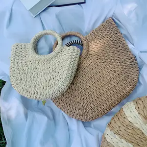 High Quality Portable Half Moon Women's Paper Rope Tote Bag Lady Round Bucket Woven Straw Handbag For Shopping Travel Summer