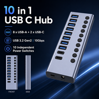 Hub USB C 10 Port 3.2 Gen2, Pengisian Daya PD 95W, Transfer Data 10Gbps, 2x Type C + 8x USB A, Sakelar Individual, Aluminium, CM064M2
