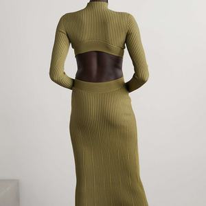 Nuevo Vestido de Punto a la Moda, Color Verde Militar, con Aberturas, Tejido Acanalado, Estilo Midi, Informal - Product Image 2