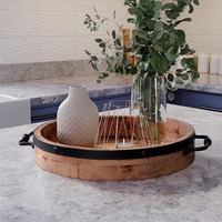Plateau rond pour table basse-Plateau de service en bois de ferme de 13 ''avec poignées en métal-Plateau décoratif rond pour table basse