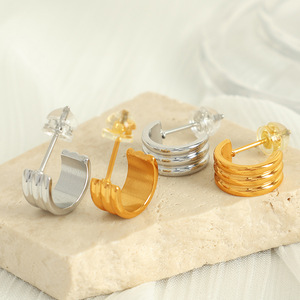 ต่างหูฮักกี้ ดีไซน์ทรงเรขาคณิต สีทอง เงิน ไทเทเนียม สตีล สำหรับทุกเพศ ใส่ได้ทุกวัน EH535 - Product Image 1