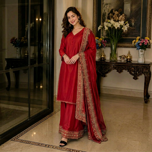 Conjunto Tradicional Étnico para Mujer con Parte Inferior Roja de Sliktop y Dupatta Bordada, Corte Regular, para Bodas, Verano, Invierno, Todas las Temporadas - Product Image 1