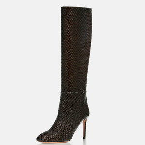 Wide Fit Women's Square Toe Knee High Boots Ladies High Stiletto <b>Heels</b> Shoes Snake Pattern Long Booties - Product Image 6