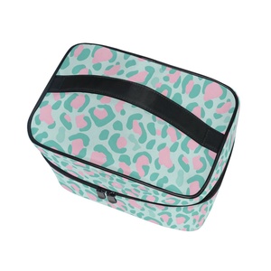 Large Capacity Turquoise Cheetah Print Custom Travel Portable Cosmetic Bags <b>Cases</b> Toiletry Bag Flip Top <b>Makeup</b> Bag with Handle - Product Image 3