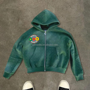 Sudadera con cremallera de peso pesado personalizada, ropa de calle de gran tamaño, sudadera recortada con lavado ácido, sudadera gruesa bordada con diamantes de imitación y cremallera para hombre - Product Image 1