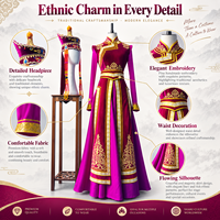 Costume de scène ethnique traditionnel haut de gamme pour femmes, tenue de danse folklorique, robe en velours marron avec broderie dorée et chapeau