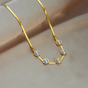 Pearl Necklace Gold AAA Grade Bezel Setting Geometric Ball Shape Everyday Wear Snake Bone Chain - Product Image 2