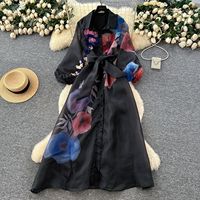 Cette robe de style français dégage une touche de sophistication pour les femmes. Il présente un col lacé, une taille cintrée et des manches lanternes.