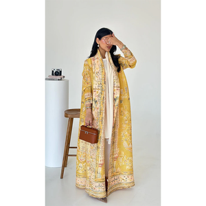 Vestido Maxi Holgado y Elegante LEDUO con Hiyab, Estampado Amarillo, Chifón, Abaya, Kimono - Product Image 1