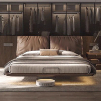 Cama Flotante Italiana de Lujo Ligero, 1.8m, Queen, de Cuero Ecológico, Duradera, Moderna, con Panel de Oreja de Elefante, Uso Comercial, Estructura de Madera