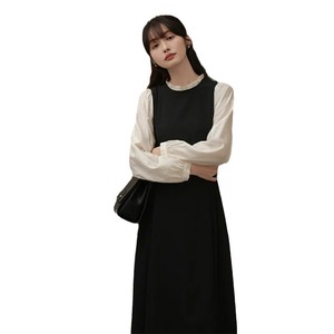 Coreano a maniche lunghe in bianco e nero dimagrante abito di media lunghezza comodo e Casual abito tinta unita - Product Image 3