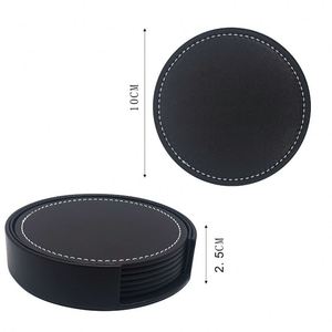 Thick PU Leather Black Leather <b>Coasters</b> <b>Coasters</b> Set of 6 with Holder 10cm Round <b>Coasters</b> for <b>Drinks</b> - Product Image 2